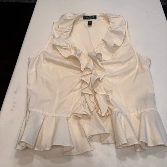 LAUREN Ralph Lauren Ivory Button Ruffle Front Sleeveless Blouse Sz 8P - Picture 9 of 9